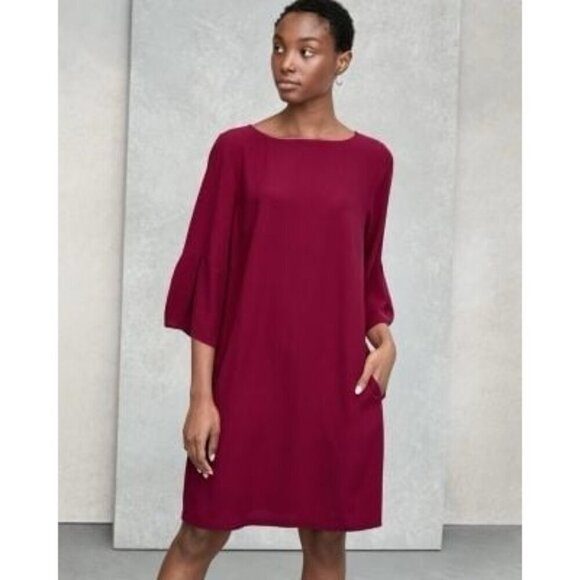 EILEEN FISHER Silk Georgette Crêpe Lantern Sleeve Dress XS Valentines - Picture 1 of 10